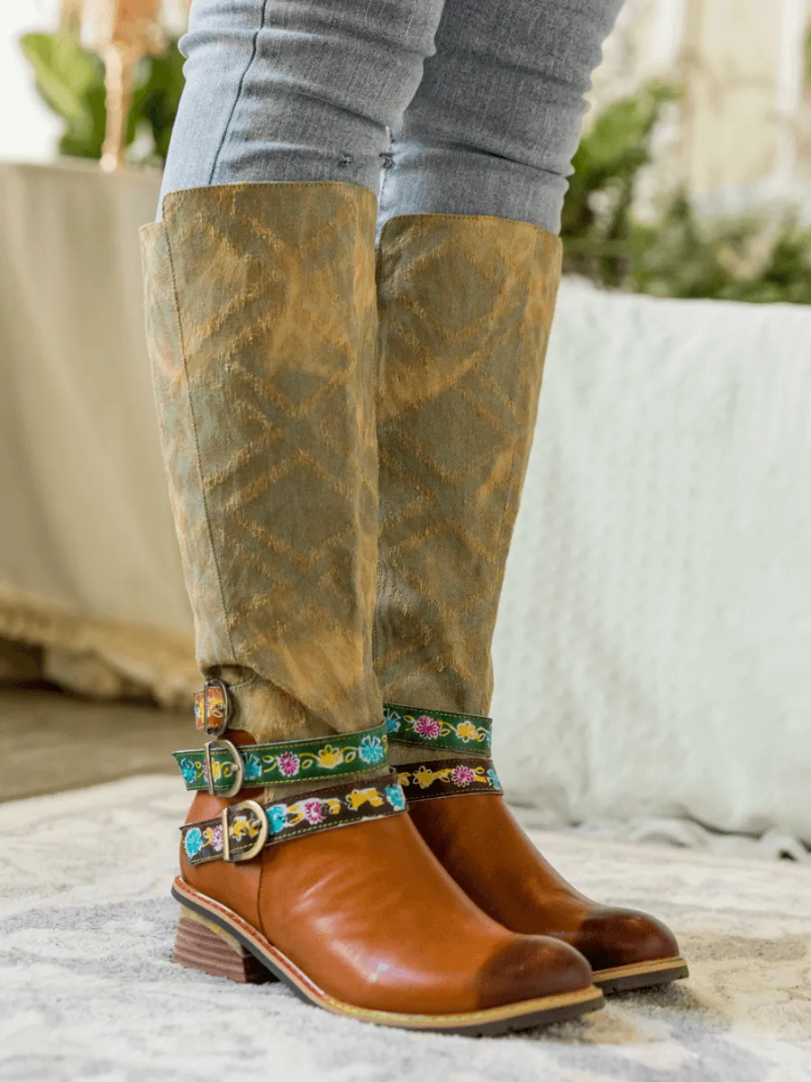Tri-Strap Canvas Leather Knee High Boot