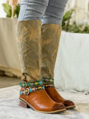 Tri-Strap Canvas Leather Knee High Boot