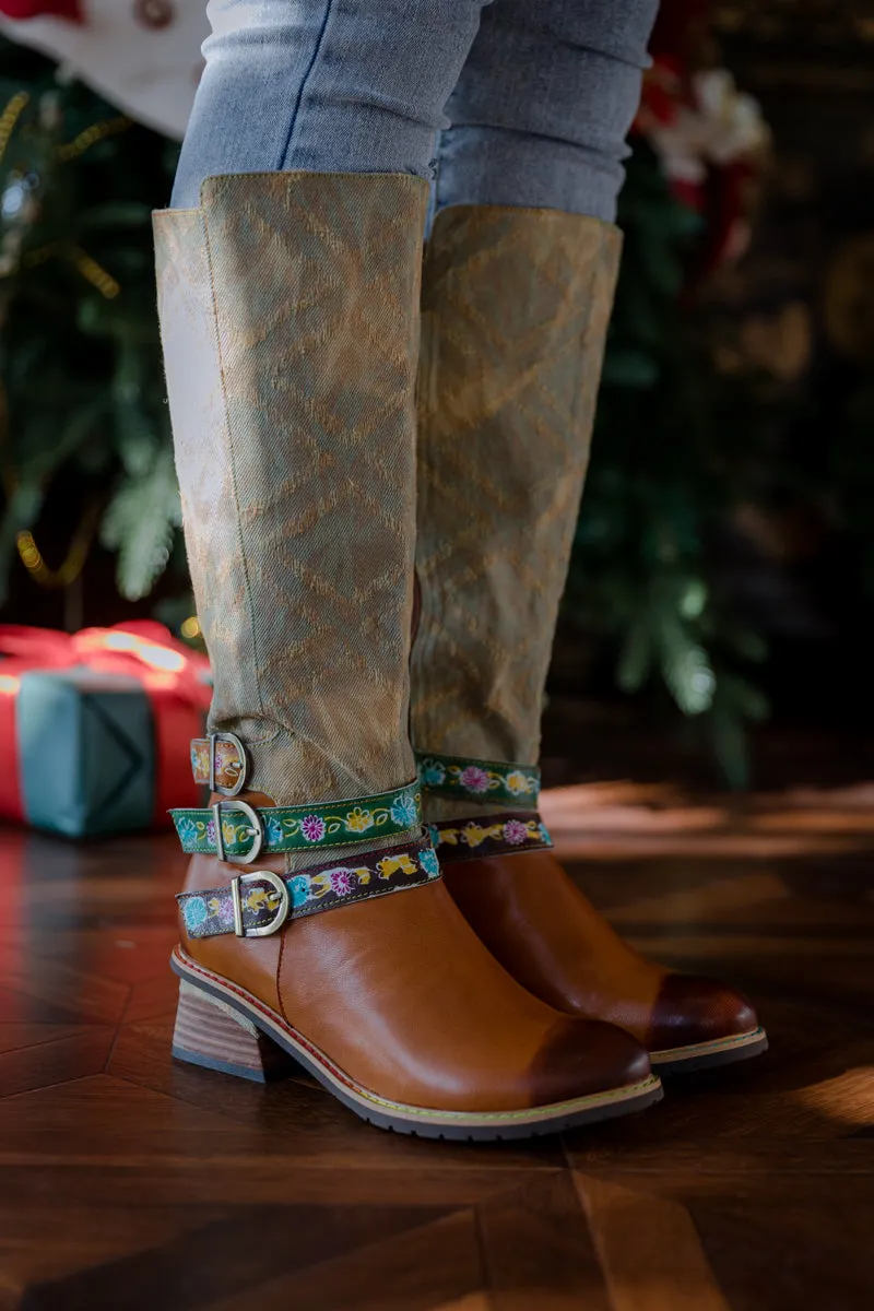 Tri-Strap Canvas Leather Knee High Boot