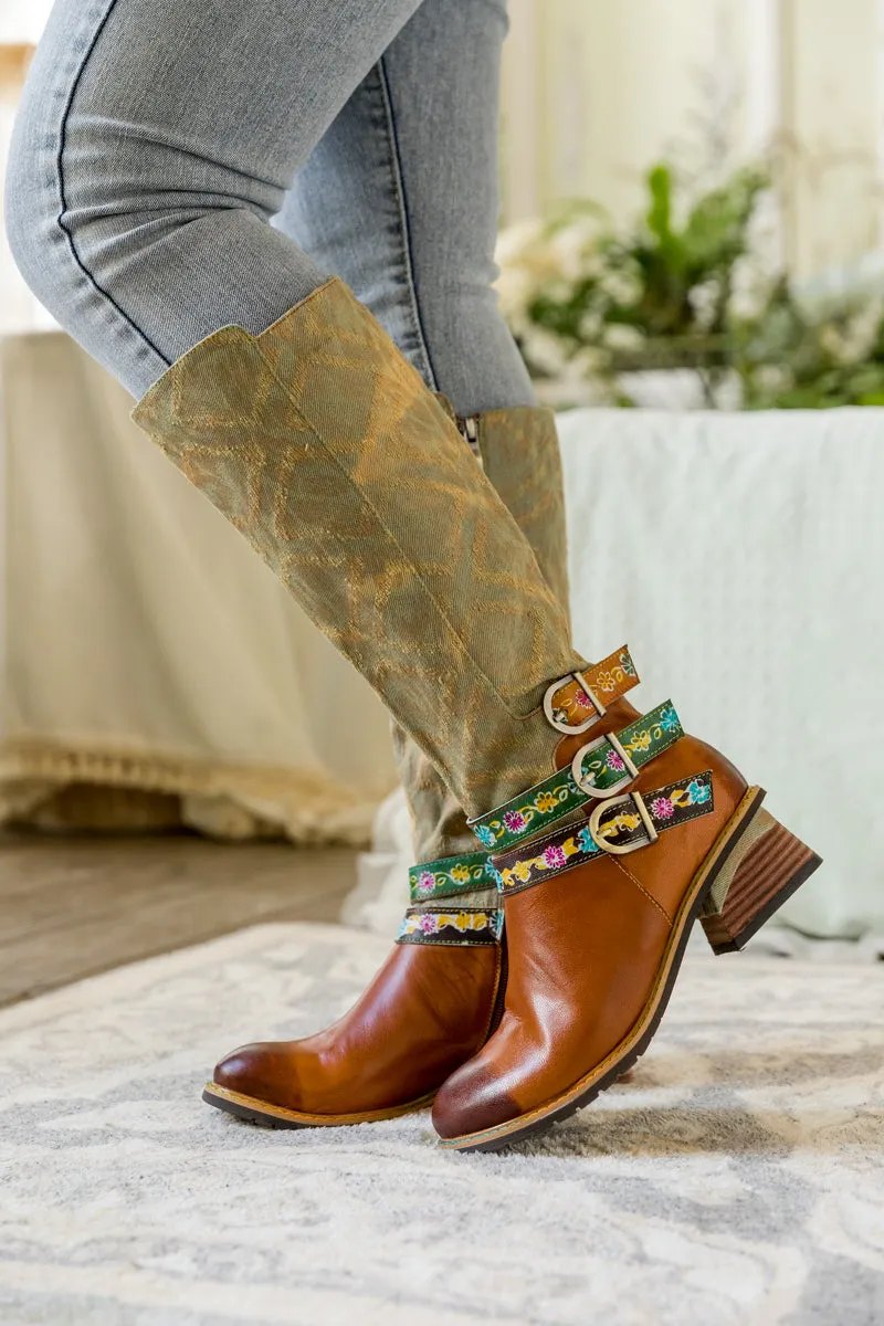 Tri-Strap Canvas Leather Knee High Boot