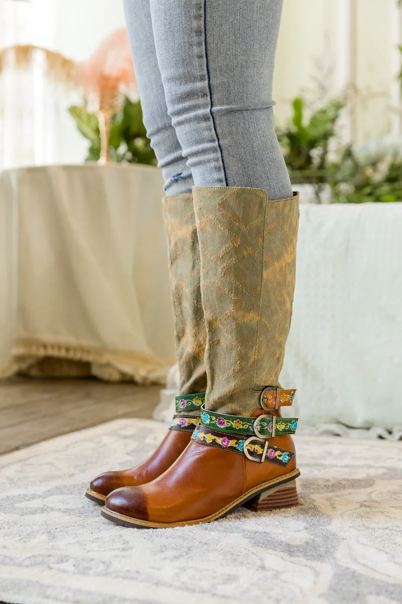 Tri-Strap Canvas Leather Knee High Boot