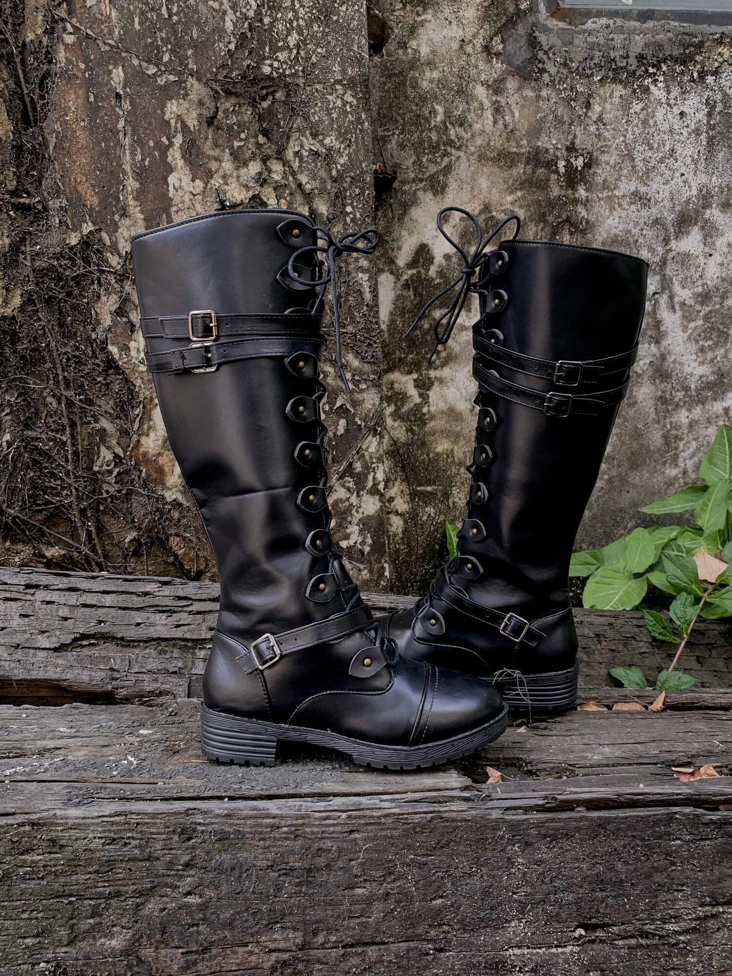 Trip-Strap Long Martin Low Heel Boots- Black