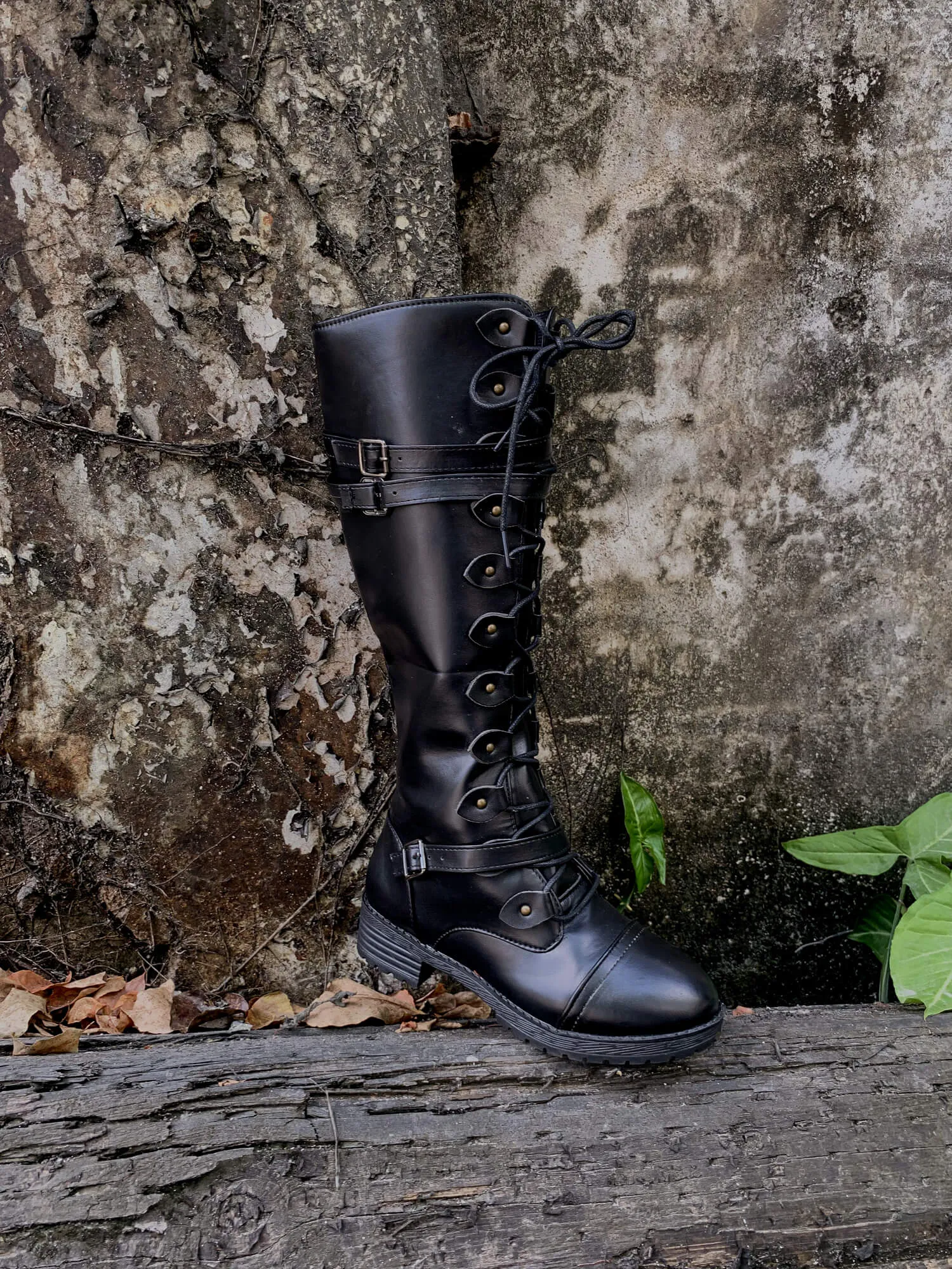 Trip-Strap Long Martin Low Heel Boots- Black