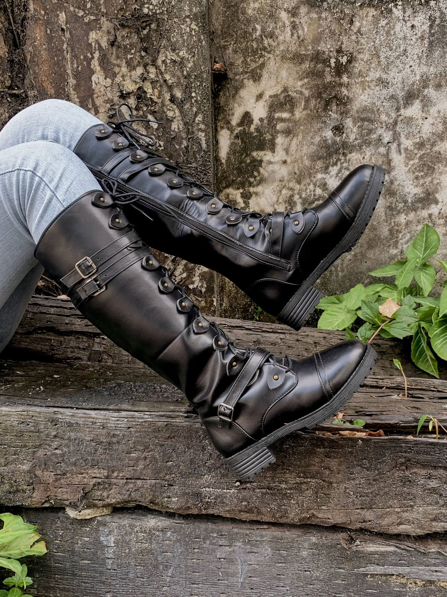 Trip-Strap Long Martin Low Heel Boots- Black
