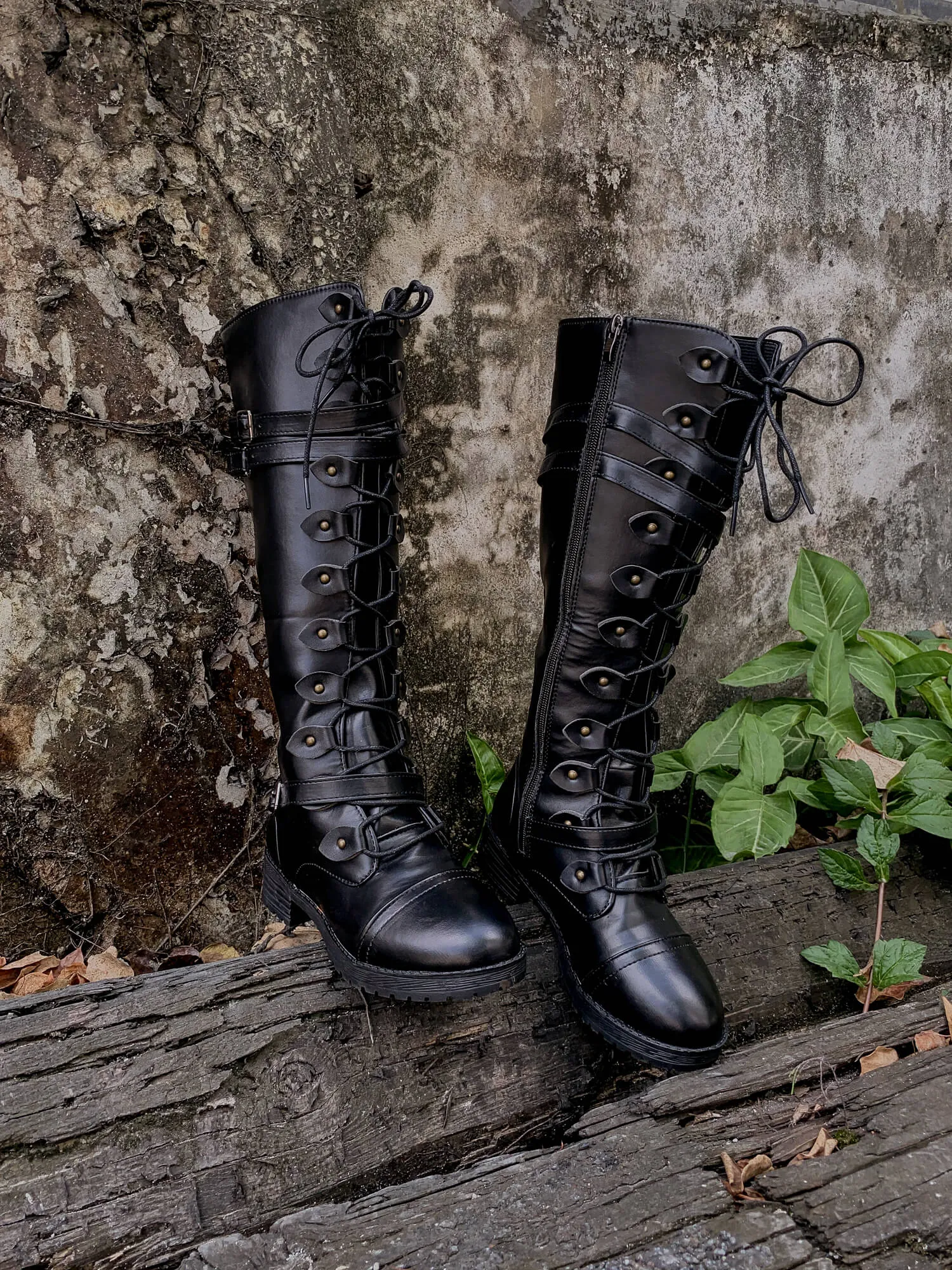 Trip-Strap Long Martin Low Heel Boots- Black