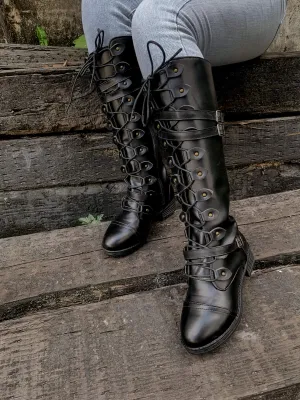 Trip-Strap Long Martin Low Heel Boots- Black
