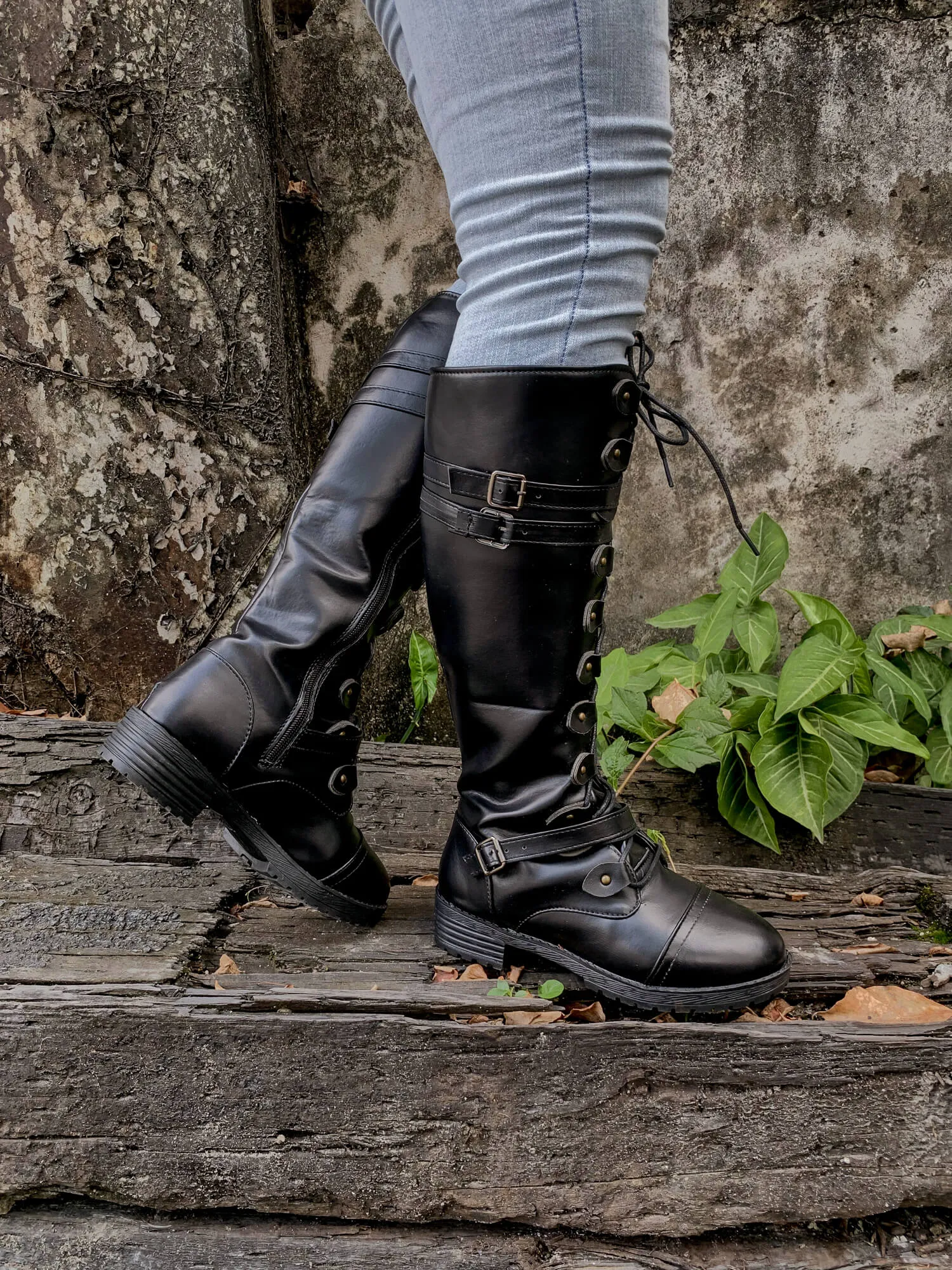 Trip-Strap Long Martin Low Heel Boots- Black