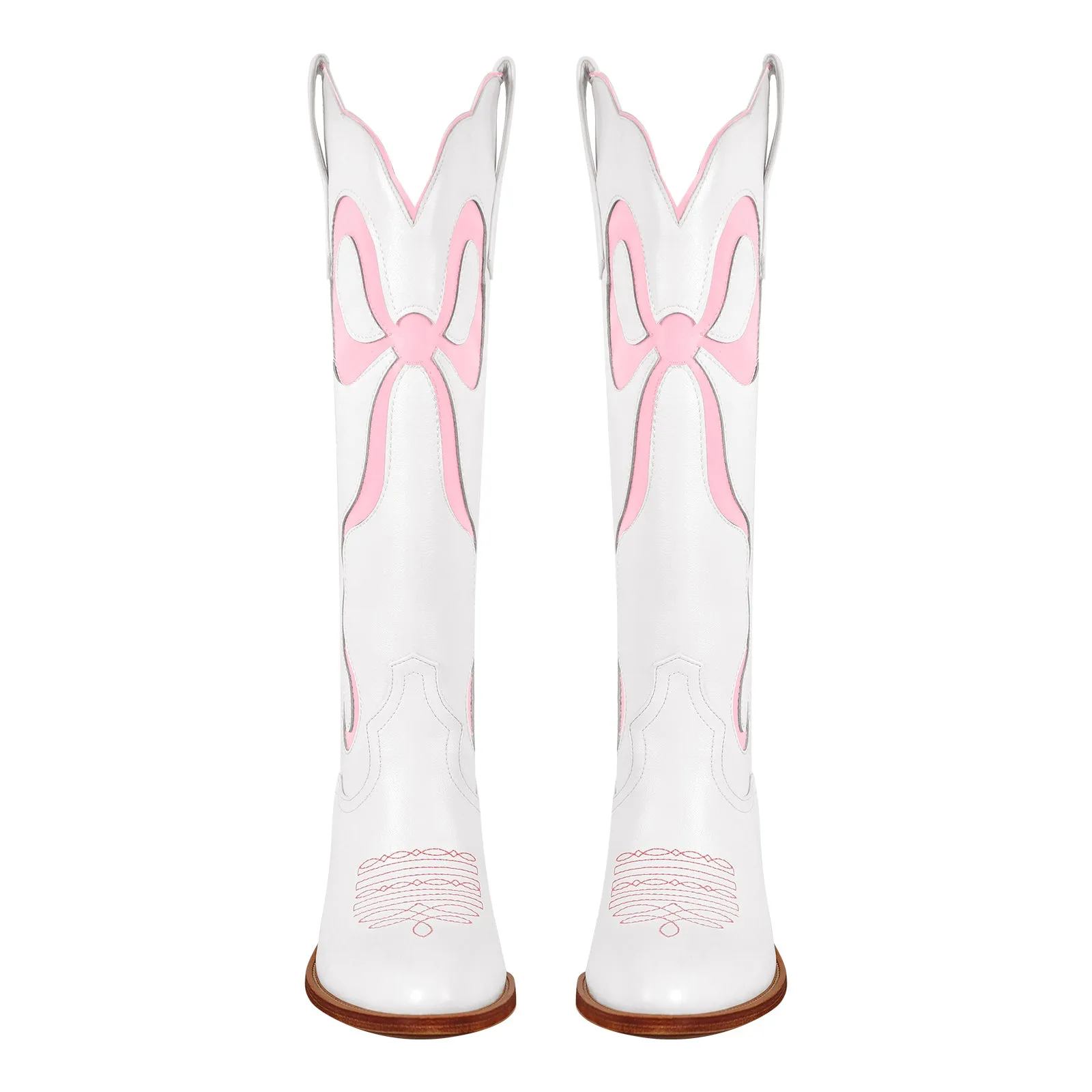 White Pointed Toe Pink Bow Knee High Western Boots