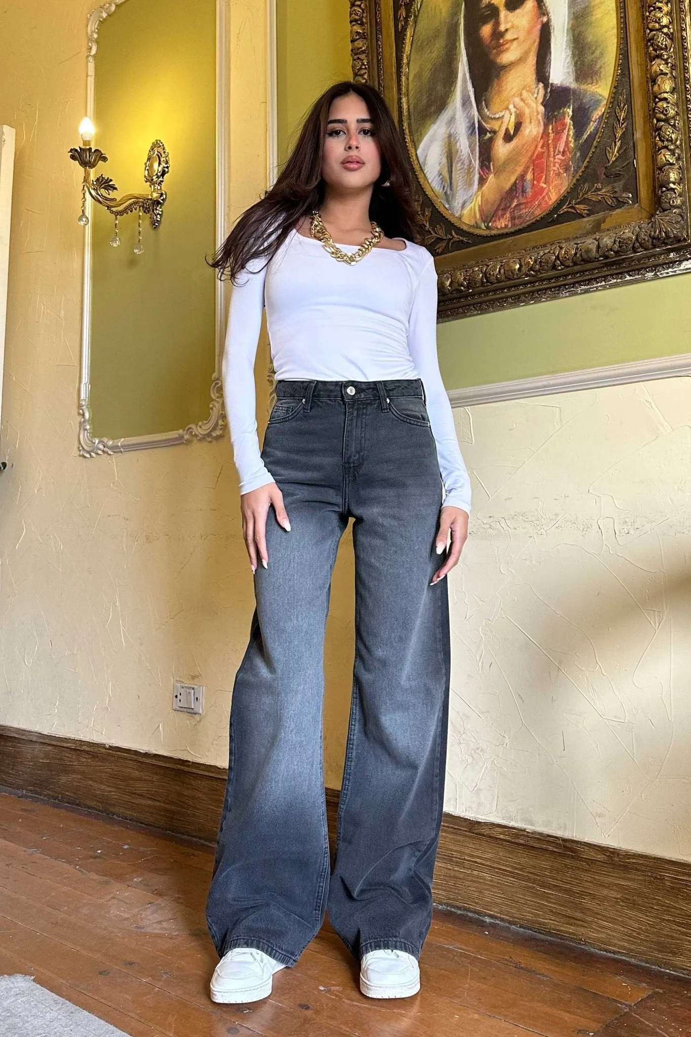 Wide-Leg - High-Waist Charcoal Wash Jeans