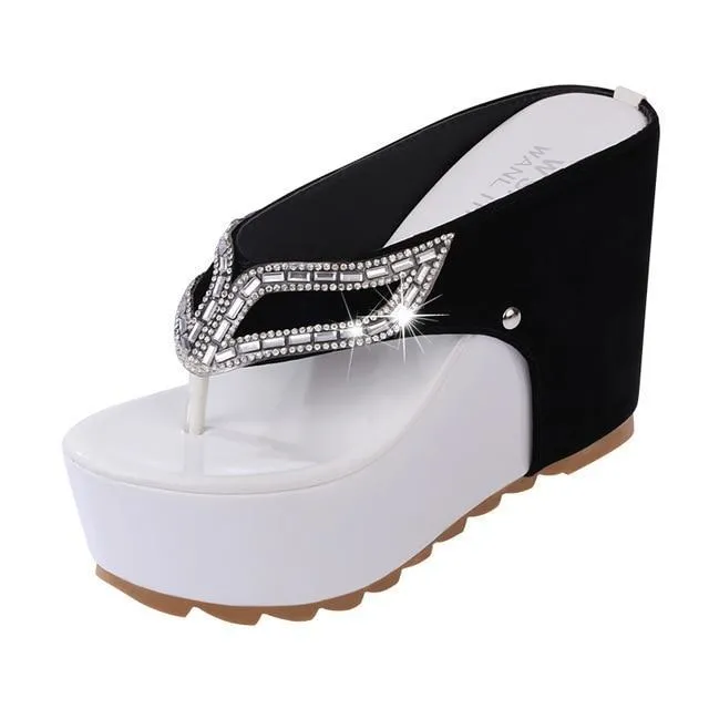 Woman Rhinestone Flip Flops Spuer High heels Wedges Platform Fashion Beach Sandals