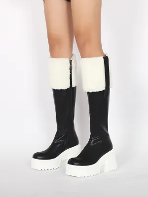 Wool Lined Genuine Leather Chunky Heel Long Boot