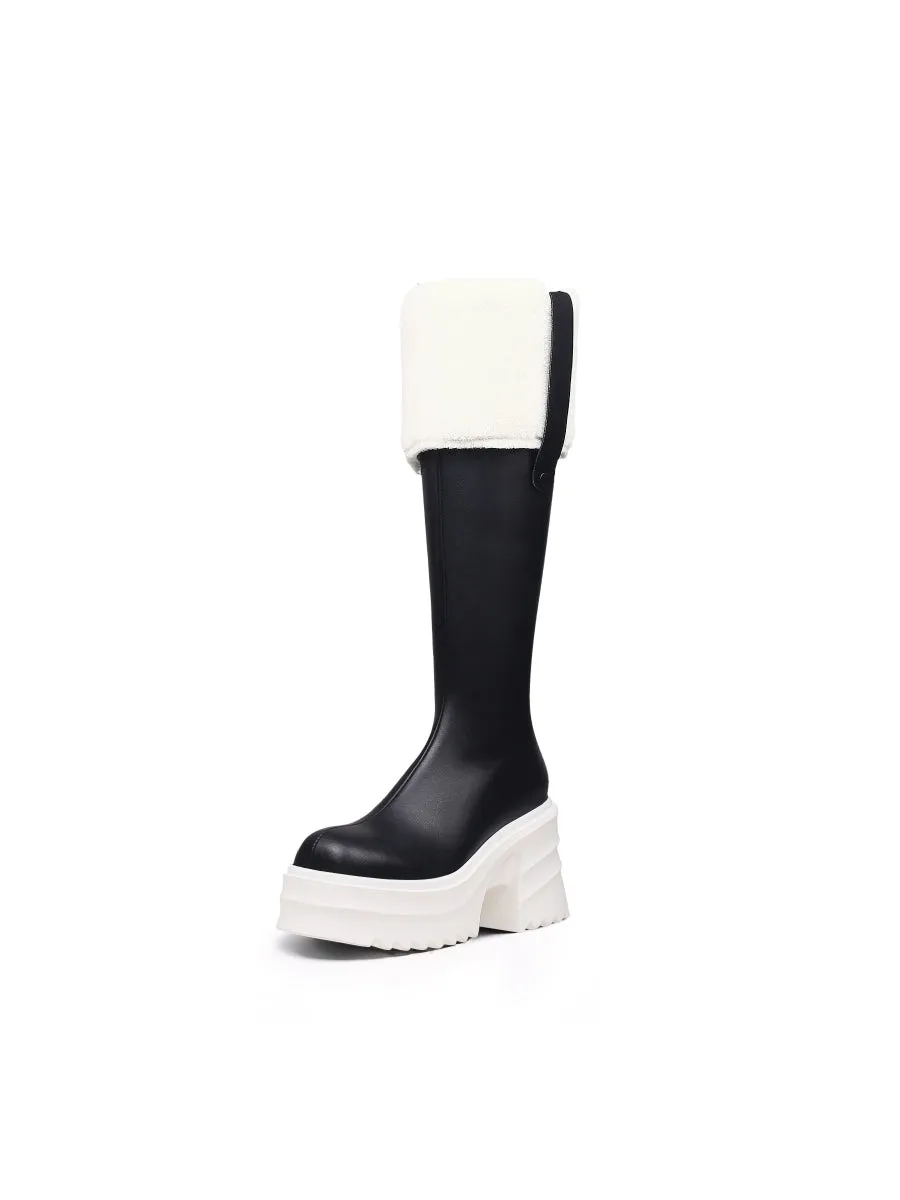 Wool Lined Genuine Leather Chunky Heel Long Boot