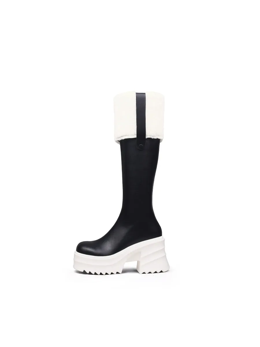 Wool Lined Genuine Leather Chunky Heel Long Boot