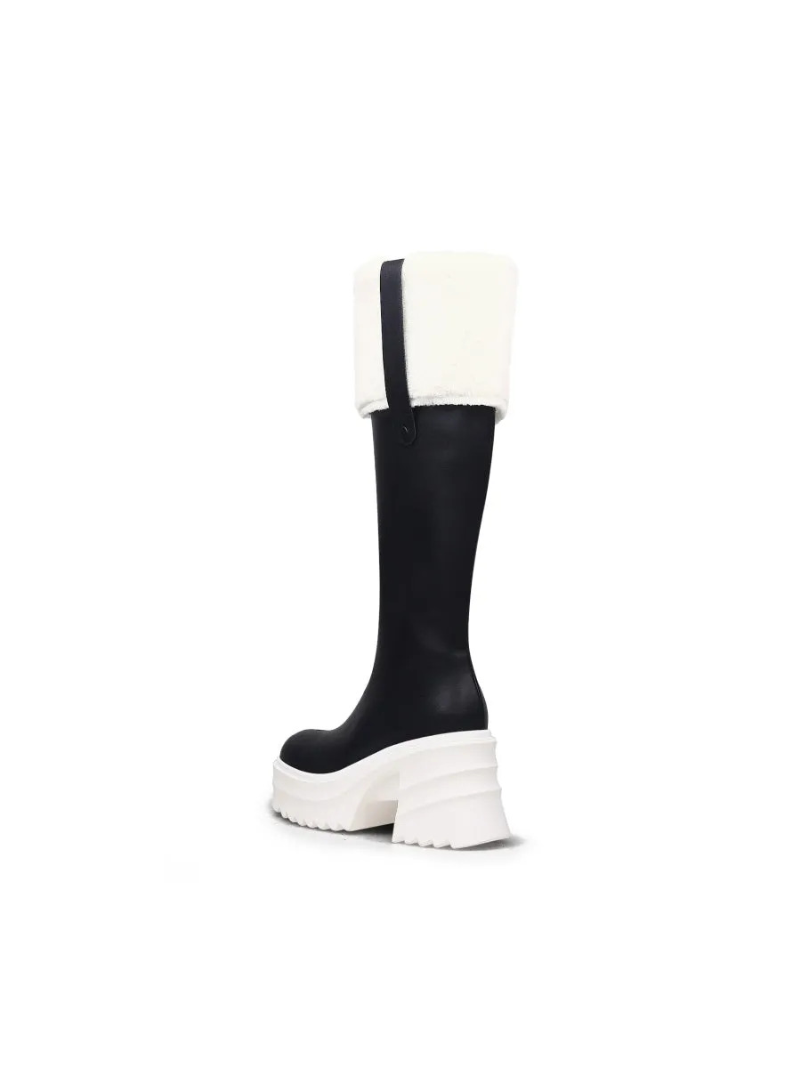 Wool Lined Genuine Leather Chunky Heel Long Boot