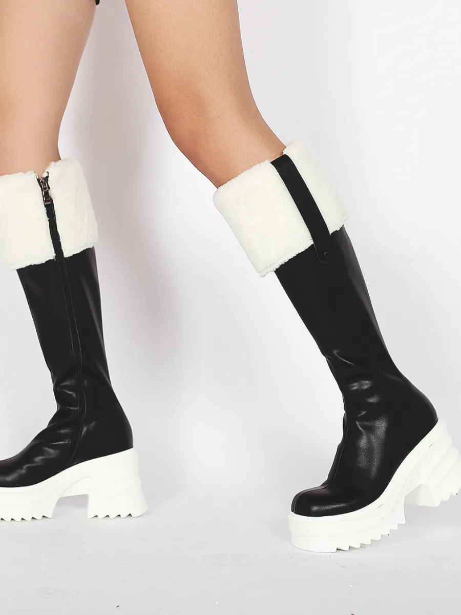 Wool Lined Genuine Leather Chunky Heel Long Boot
