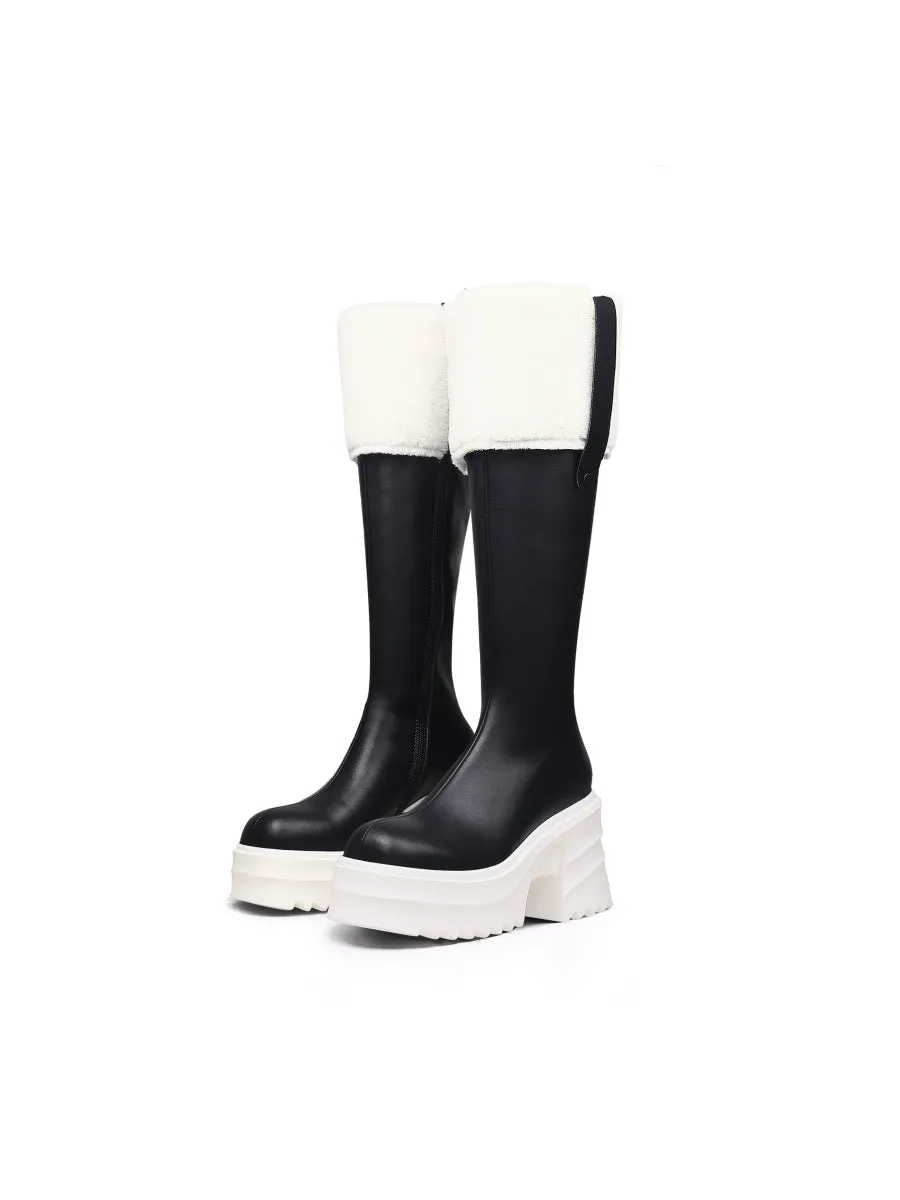Wool Lined Genuine Leather Chunky Heel Long Boot