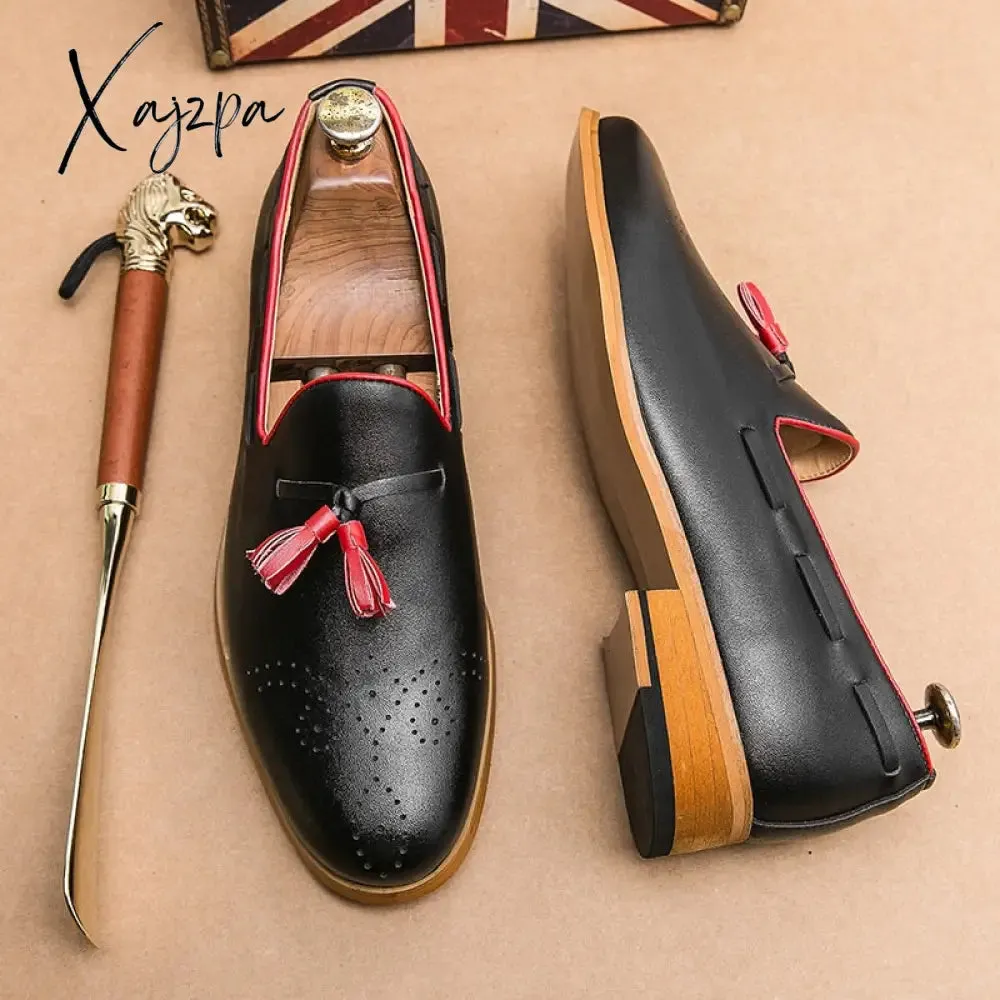 Xajzpa - Loafers Men Shoes Business Casual Wedding Party Round Head Carved Tassel PU Color Matching Dress Shoes