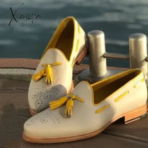 Xajzpa - Loafers Men Shoes Business Casual Wedding Party Round Head Carved Tassel PU Color Matching Dress Shoes