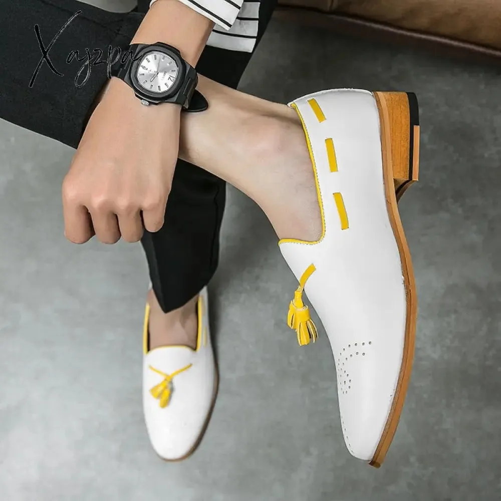 Xajzpa - Loafers Men Shoes Business Casual Wedding Party Round Head Carved Tassel PU Color Matching Dress Shoes