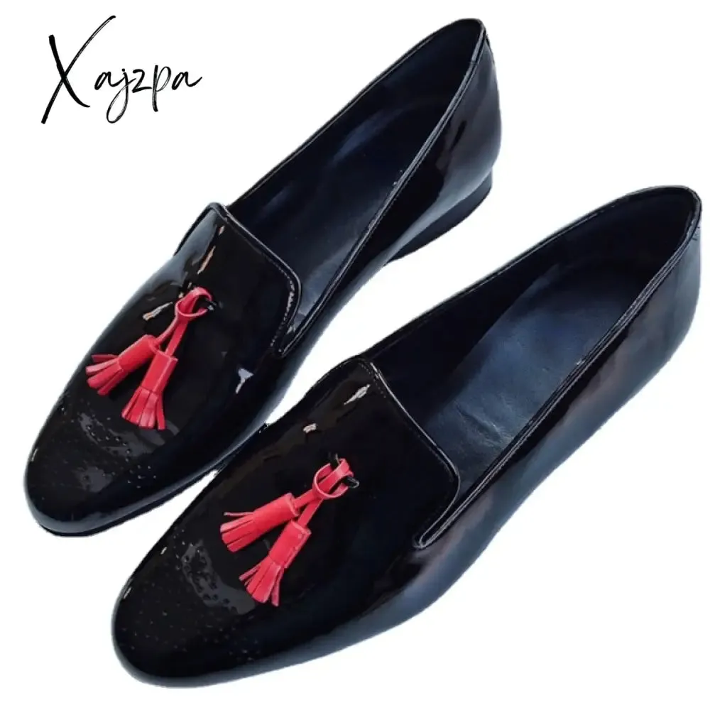 Xajzpa - Loafers Men Shoes Business Casual Wedding Party Round Head Carved Tassel PU Color Matching Dress Shoes
