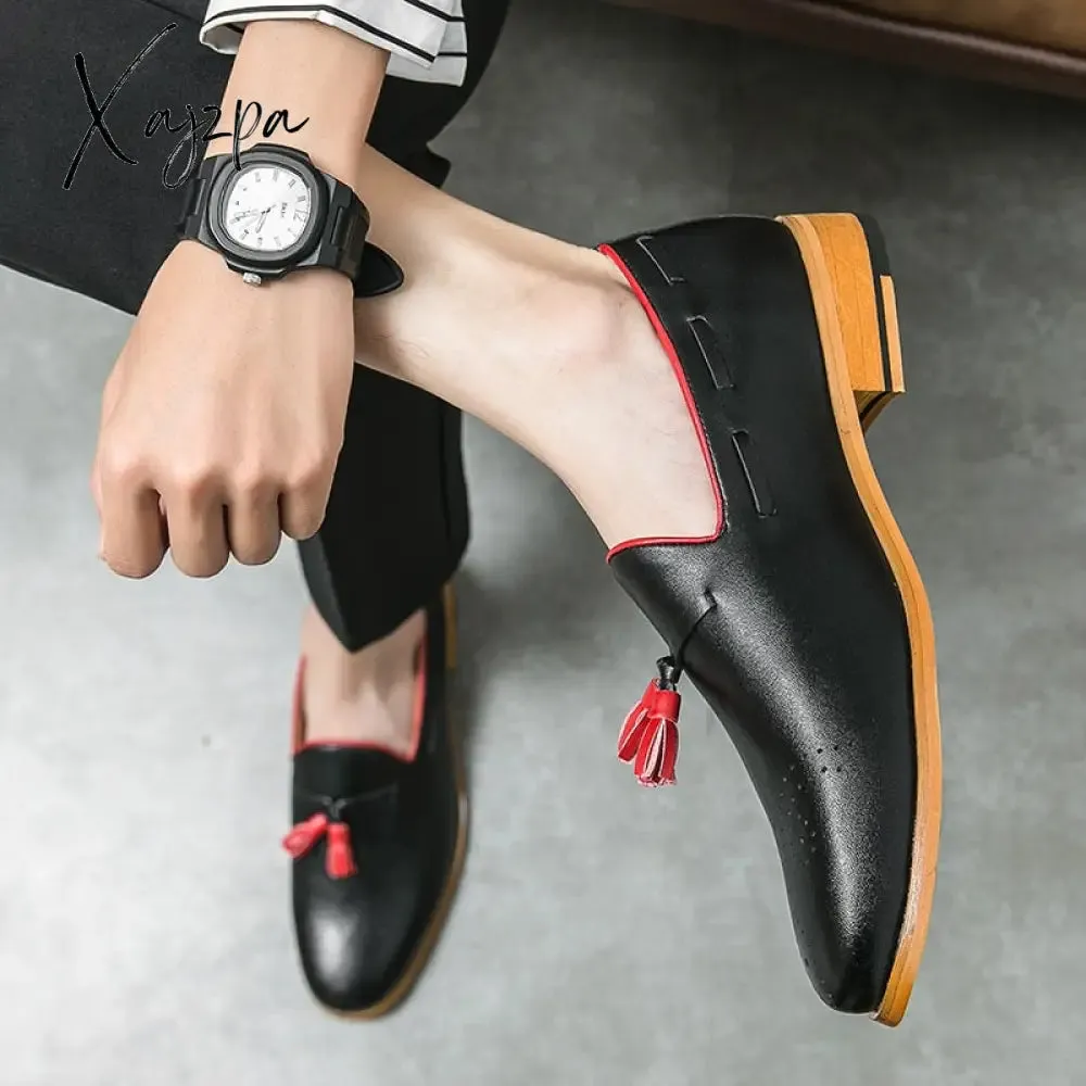 Xajzpa - Loafers Men Shoes Business Casual Wedding Party Round Head Carved Tassel PU Color Matching Dress Shoes